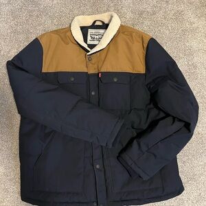 Men's Navy and Brown Jacket with Sherpa Collar